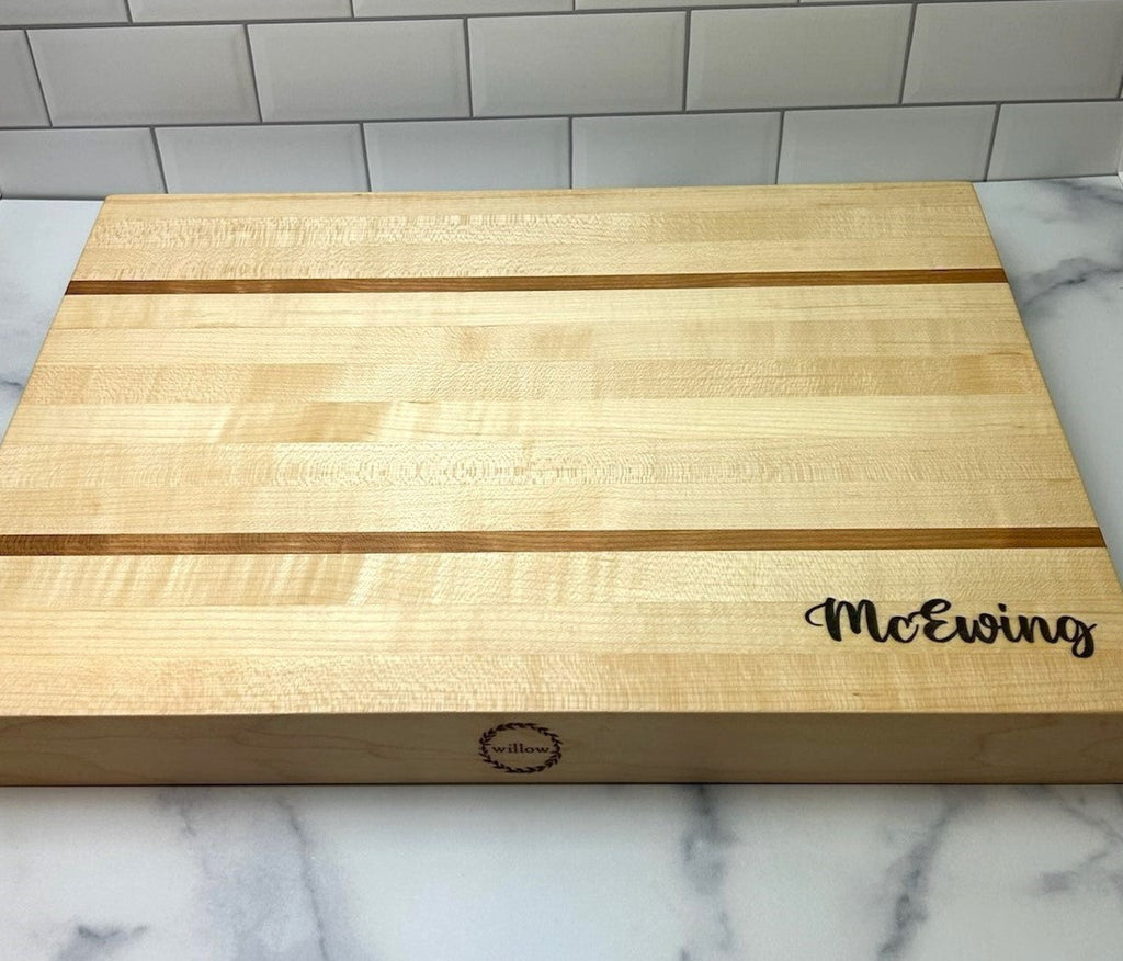Engraved Willow Cutting Board made of Vermont Sugar Maple with walnut 
