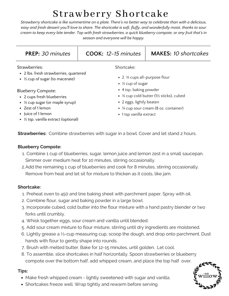 Strawberry Shortcake recipe with ingredients and preparation steps.