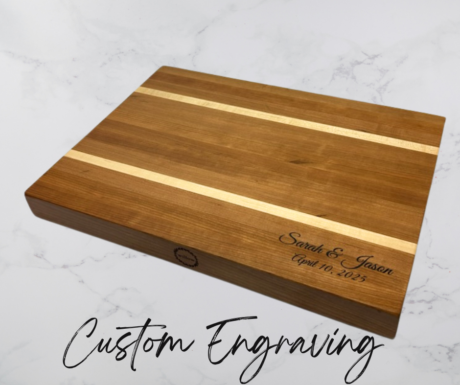 Wooden cutting board with engraved text on a white marble background